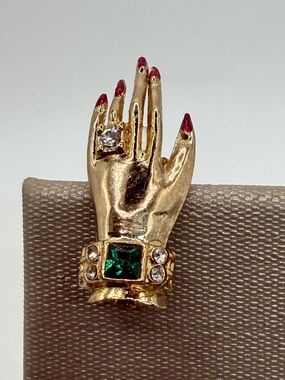 Vintage Signed Coro Jeweled Hand Brooch Pin Red Nails